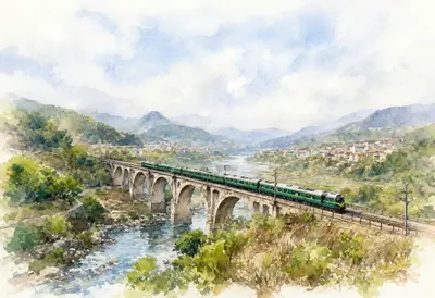 Train Crossing A Viaduct In A Valley Watercolour