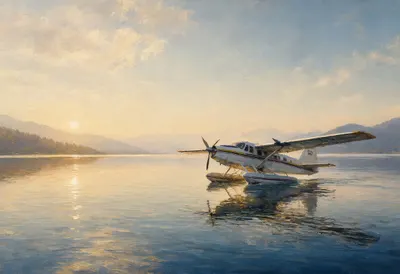 Seaplane On A Calm Lake At Dawn Oil Painting