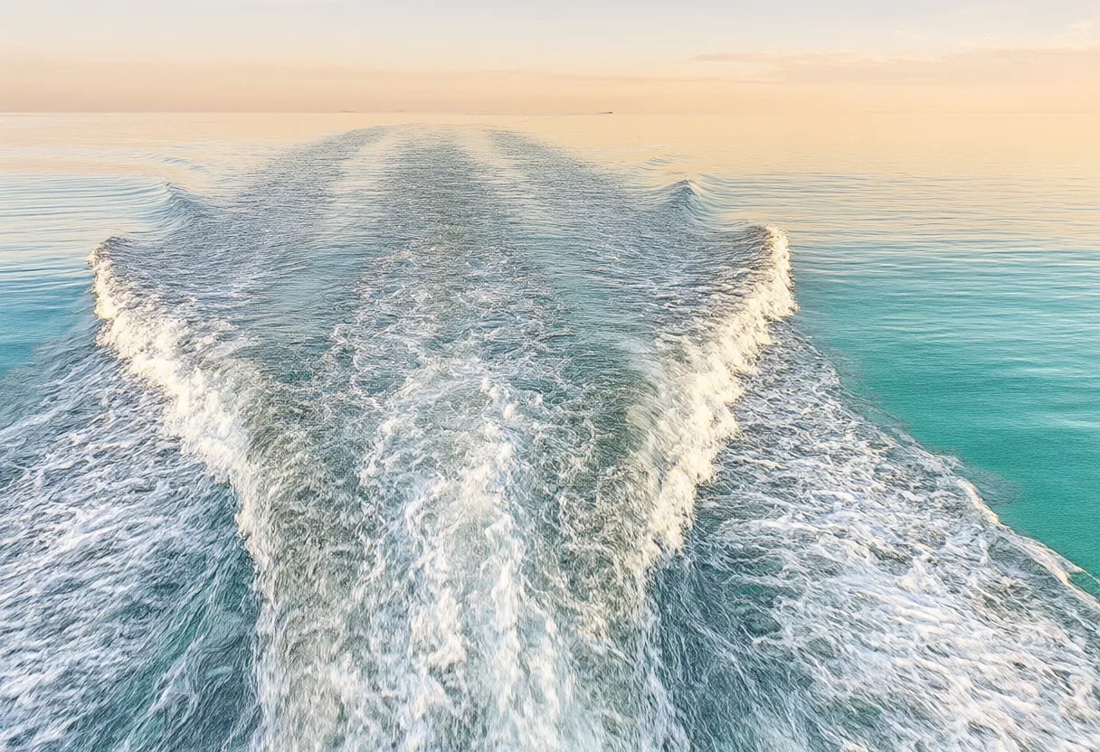 Boat Wake On Turquoise Water From Above in warm evening light Pencil Sketch