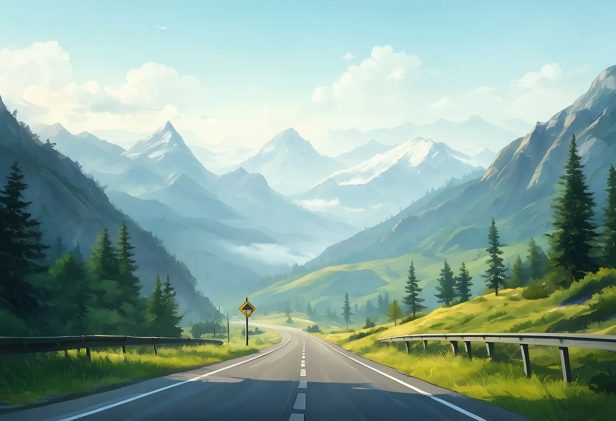 Mountain Pass With A Lonely Road Sign in soft mist Digital Illustration