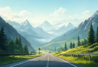 Mountain Pass With A Lonely Road Sign in soft mist Digital Illustration