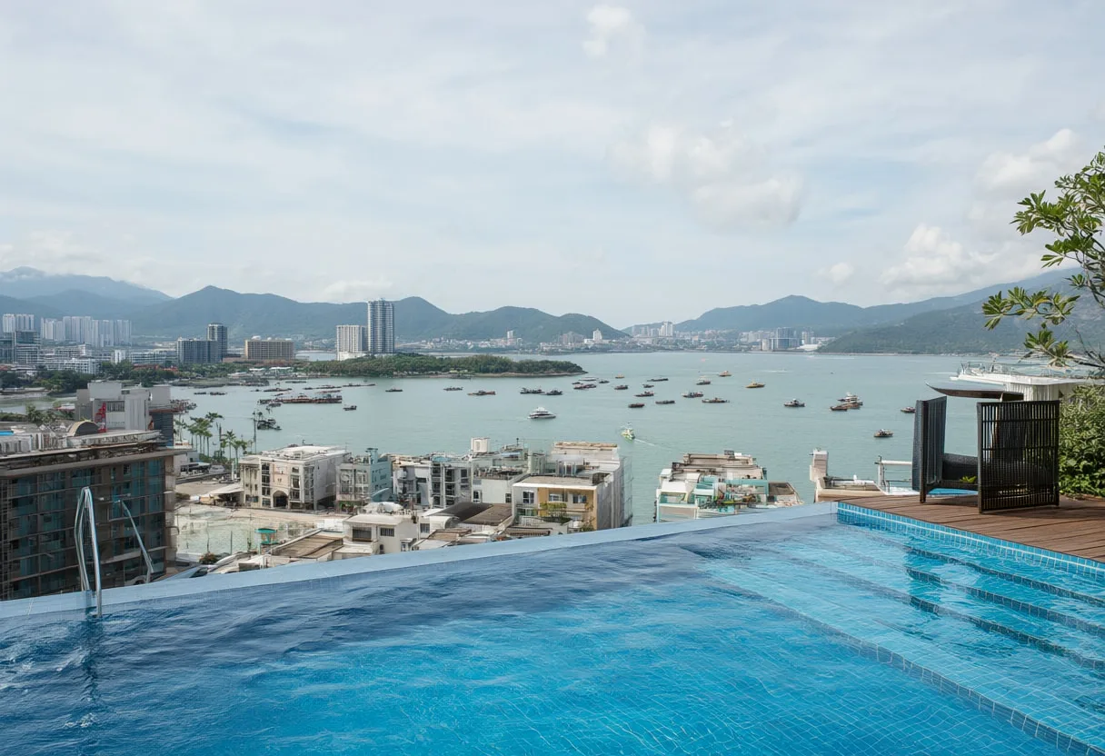 Rooftop Pool Overlooking A Bay on a quiet day