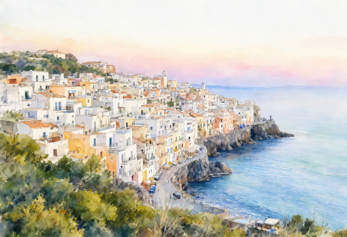 Coastal Town On A Hillside At Dusk Watercolour
