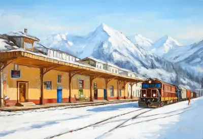Snowy Train Station In The Mountains Oil Painting