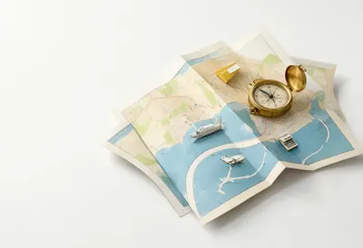 Folded Paper Map With A Brass Compass styled with small travel props Digital Illustration