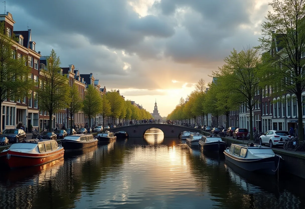 Canal Town With A Bridge And Moored Boats under a dramatic sky