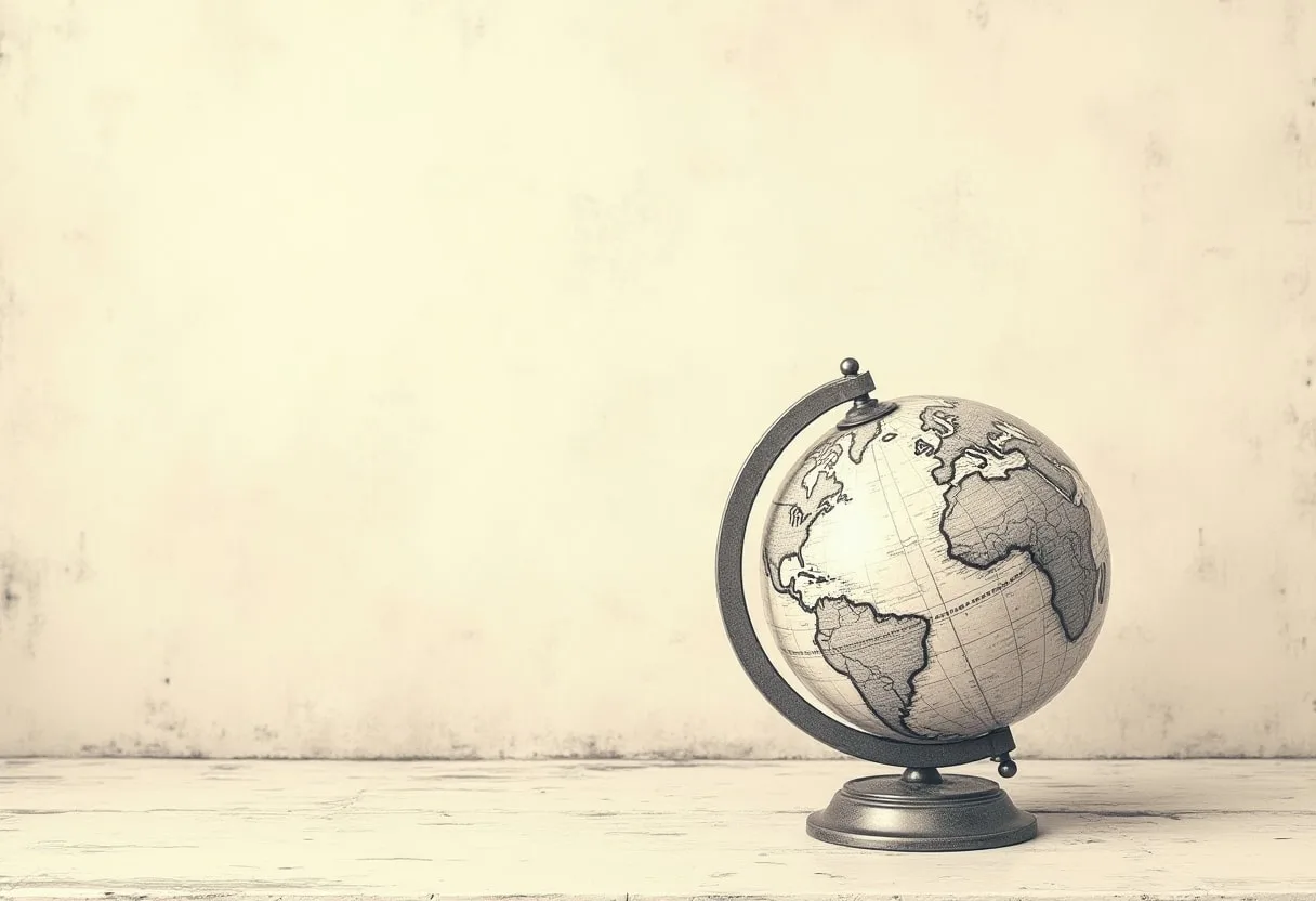 Vintage Globe With Dashed Route Lines against a warm plaster wall Pencil Sketch