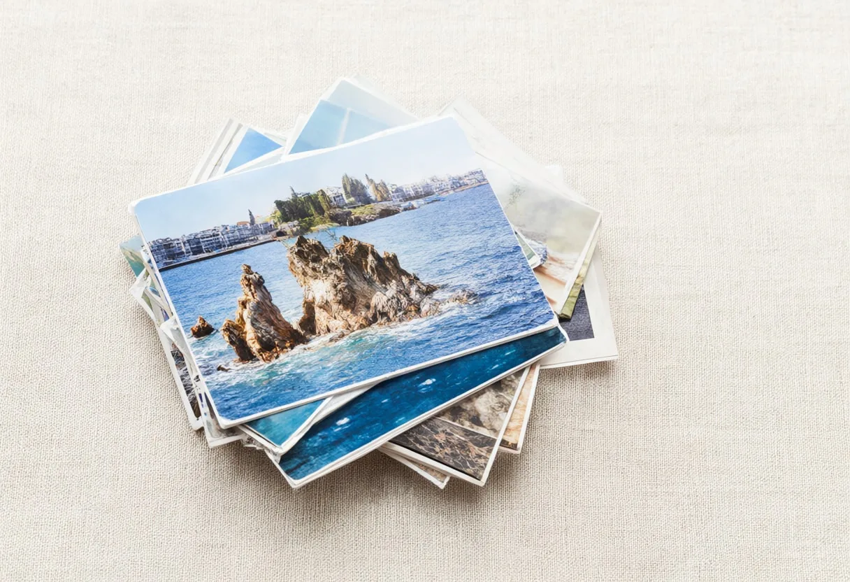Stack Of Travel Postcards On Linen as a flat lay from above