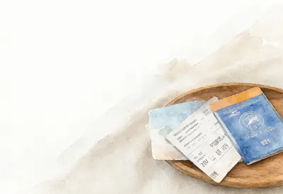 Passport And Boarding Pass On A Wooden Tray on a linen cloth Watercolour