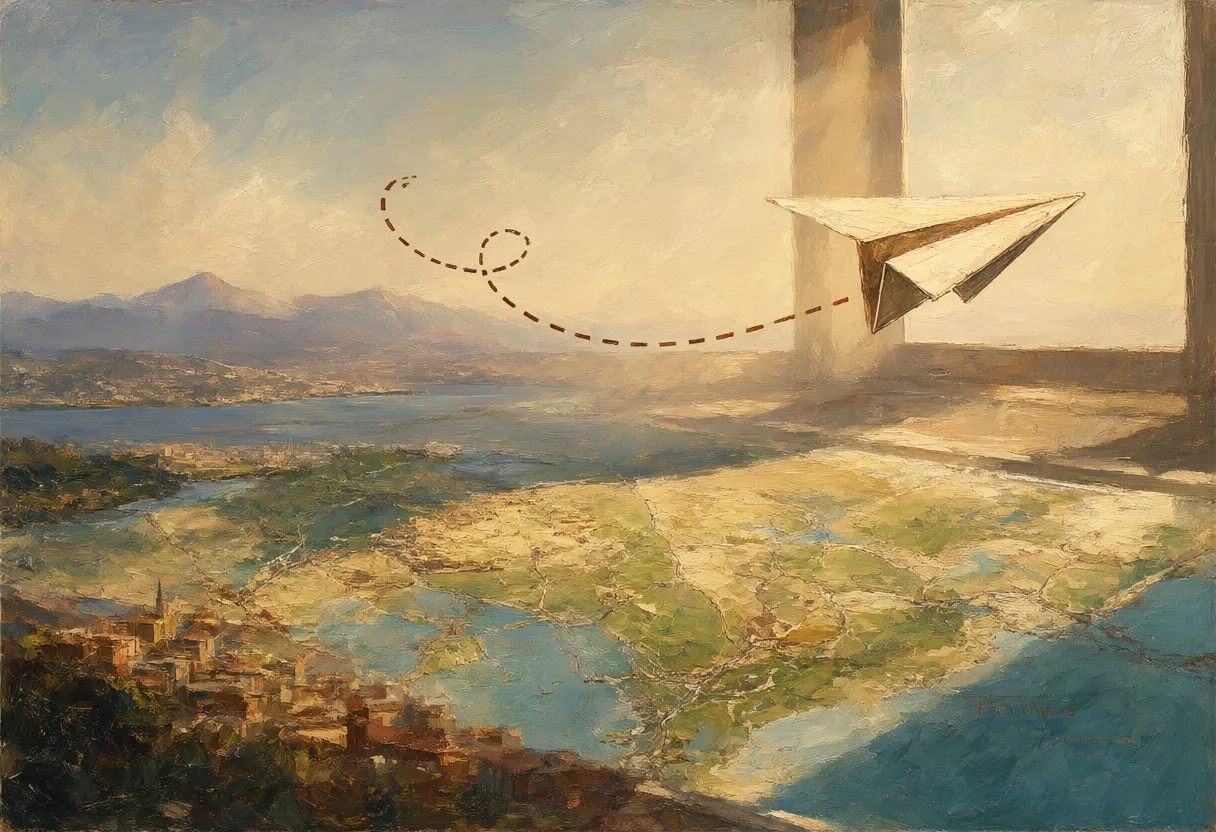 Paper Plane With A Dashed Trail Over A Map in soft window light Oil Painting