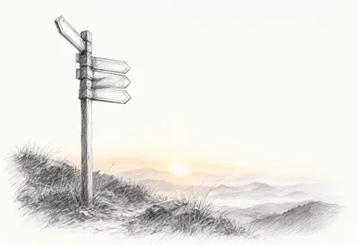 Signpost With Blank Arrows On A Hilltop at sunrise Pencil Sketch