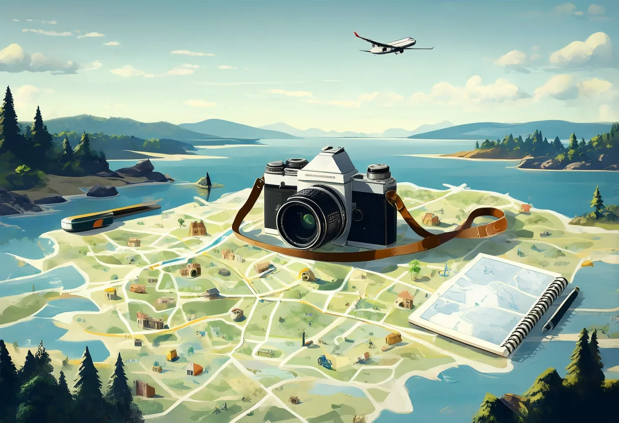 Camera And Notebook On A Travel Map styled with small travel props Digital Illustration