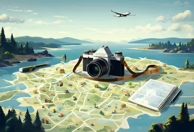 Camera And Notebook On A Travel Map styled with small travel props Digital Illustration