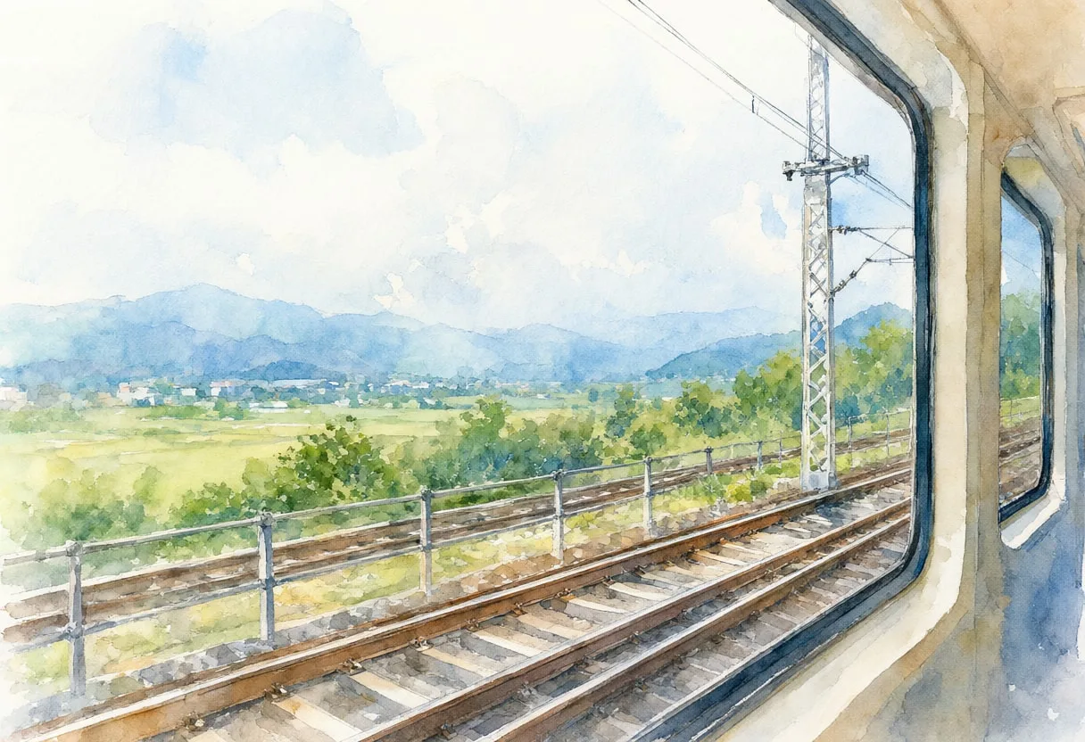 Train Window With A Landscape Passing By Watercolour