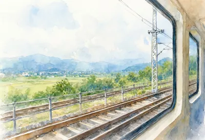 Train Window With A Landscape Passing By Watercolour