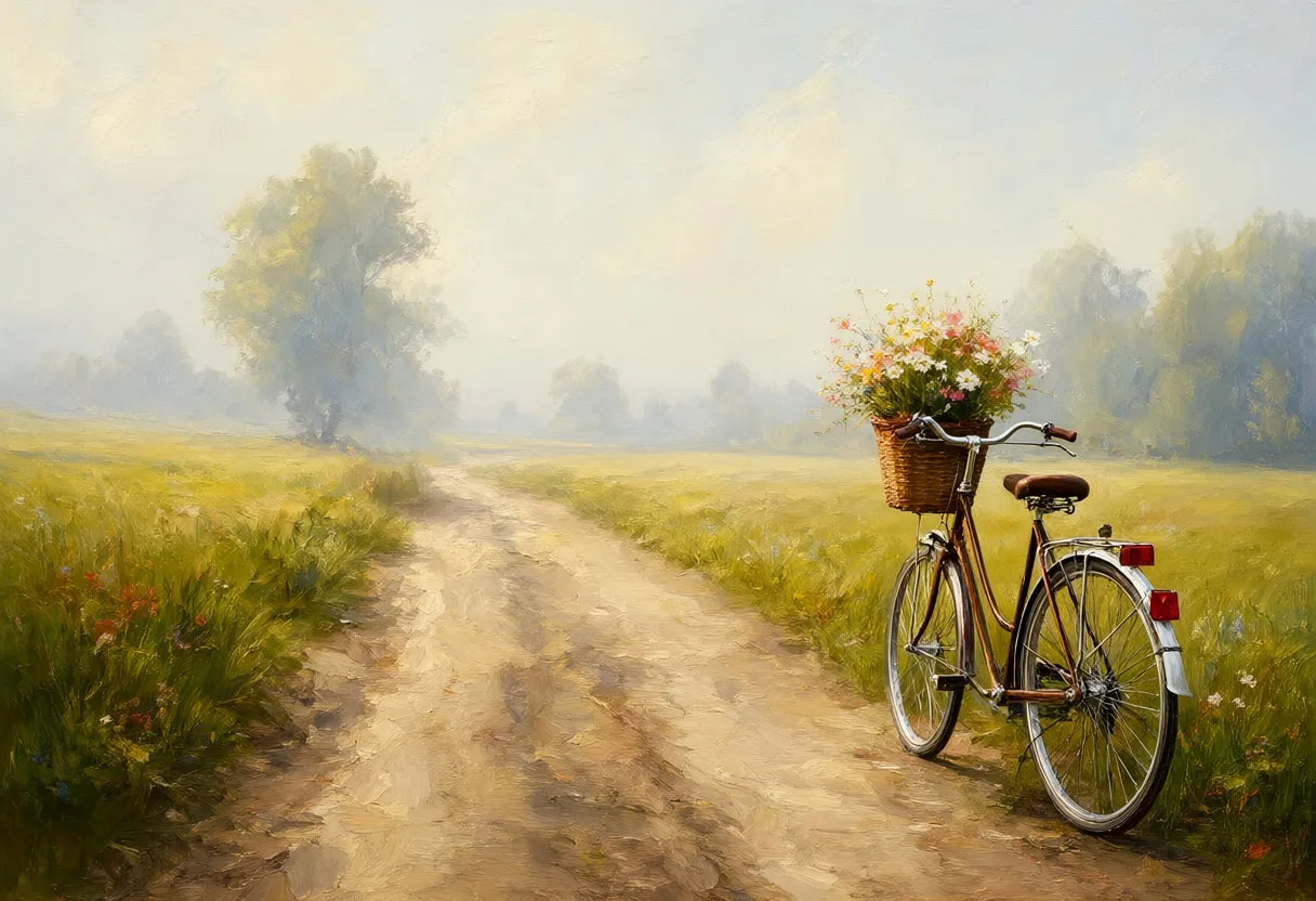 Bicycle With A Basket Of Flowers On A Country Lane in soft mist Oil Painting