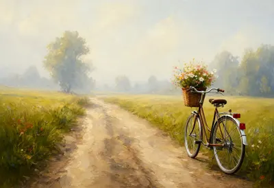 Bicycle With A Basket Of Flowers On A Country Lane in soft mist Oil Painting