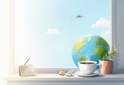 Globe And A Cup Of Coffee At A Window styled with small travel props Digital Illustration