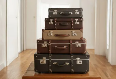 Stack Of Vintage Suitcases In A Bright Hallway on a warm wooden table