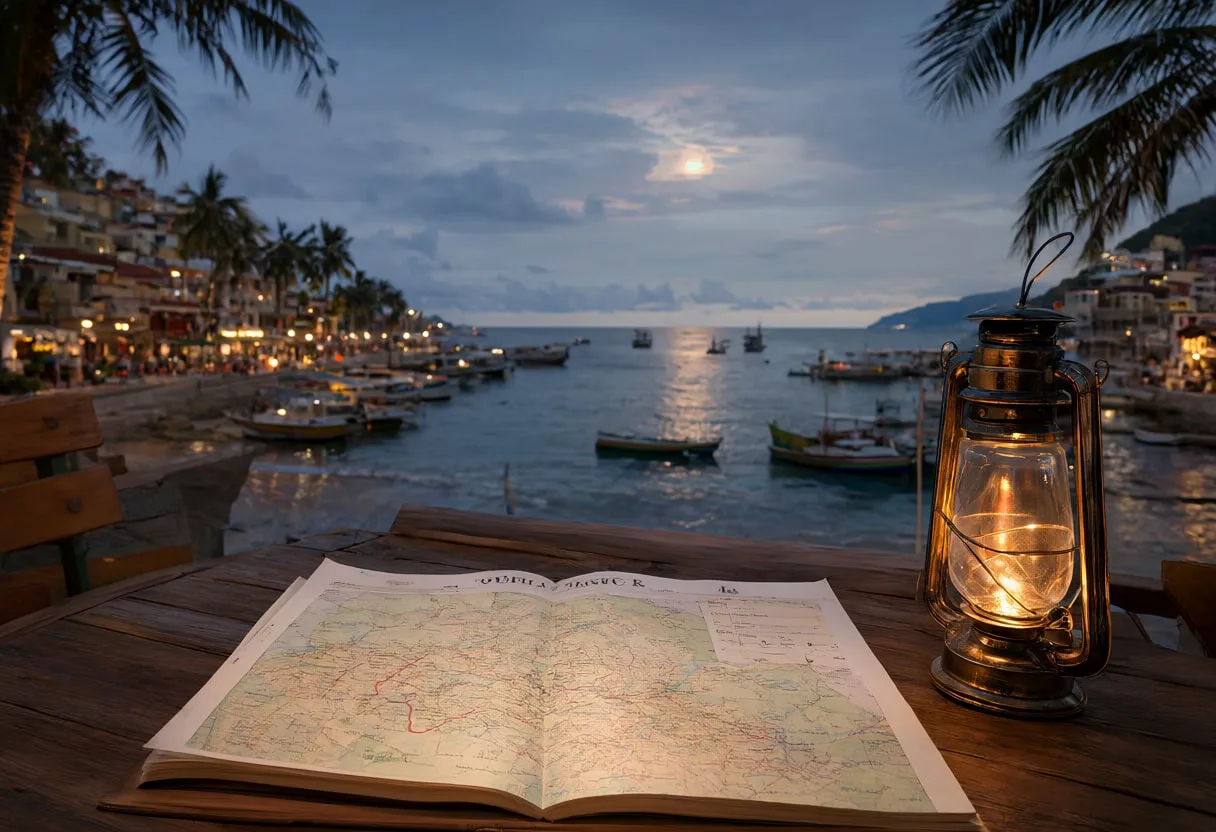 Lantern And A Map On A Wooden Table as a flat lay from above