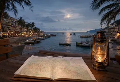 Lantern And A Map On A Wooden Table as a flat lay from above