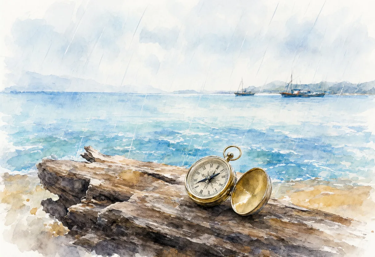 Compass On Driftwood By The Sea in the rain Watercolour