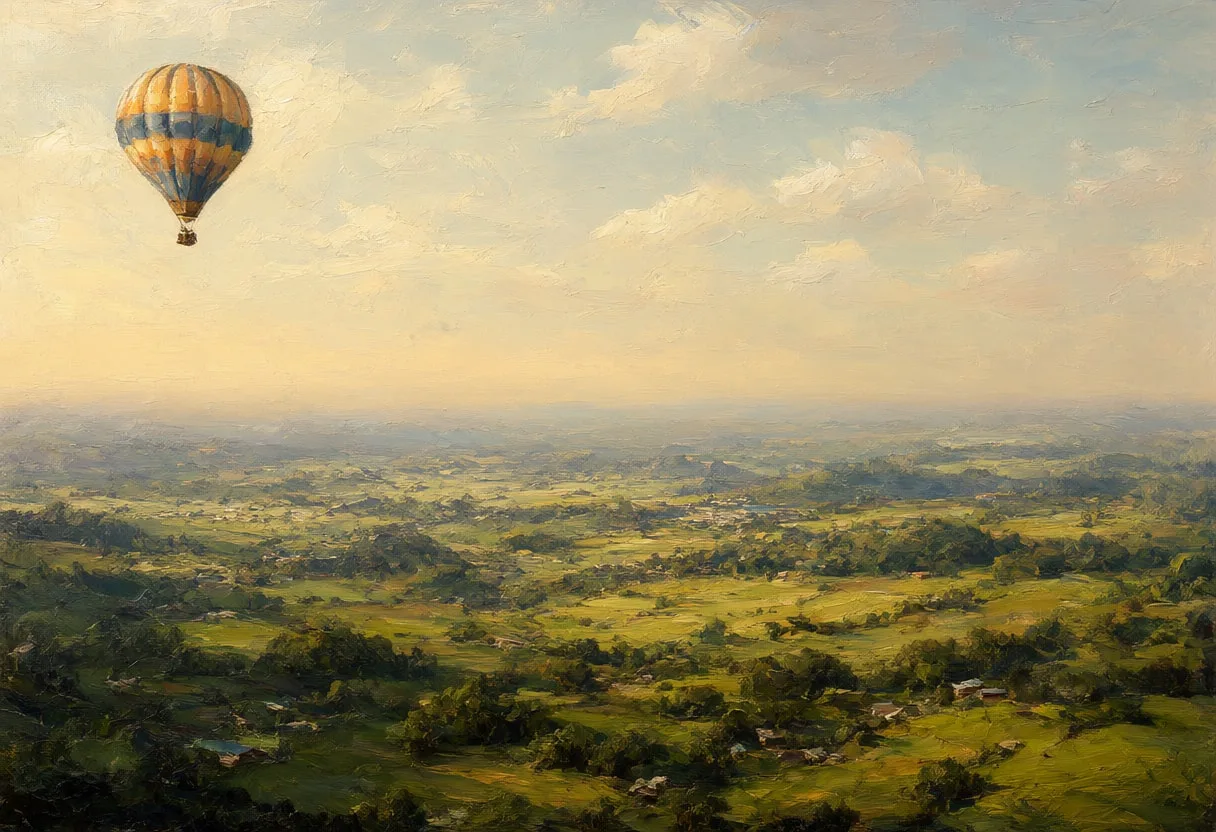 Hot Air Balloon Over A Green Valley from above Oil Painting