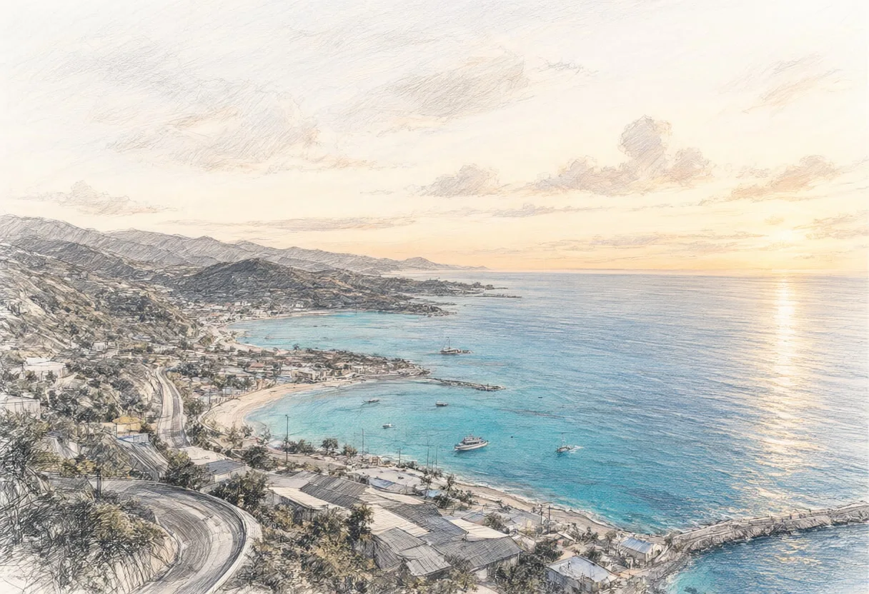 Wide Aerial Coastline With Turquoise Water in warm evening light Pencil Sketch