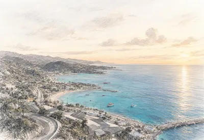 Wide Aerial Coastline With Turquoise Water in warm evening light Pencil Sketch