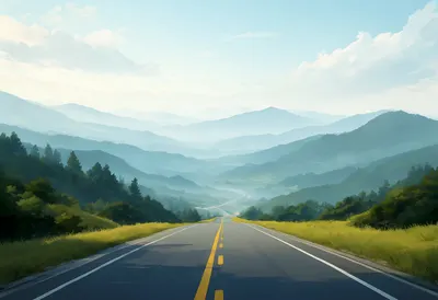 Long Straight Road Toward Distant Mountains in soft mist Digital Illustration