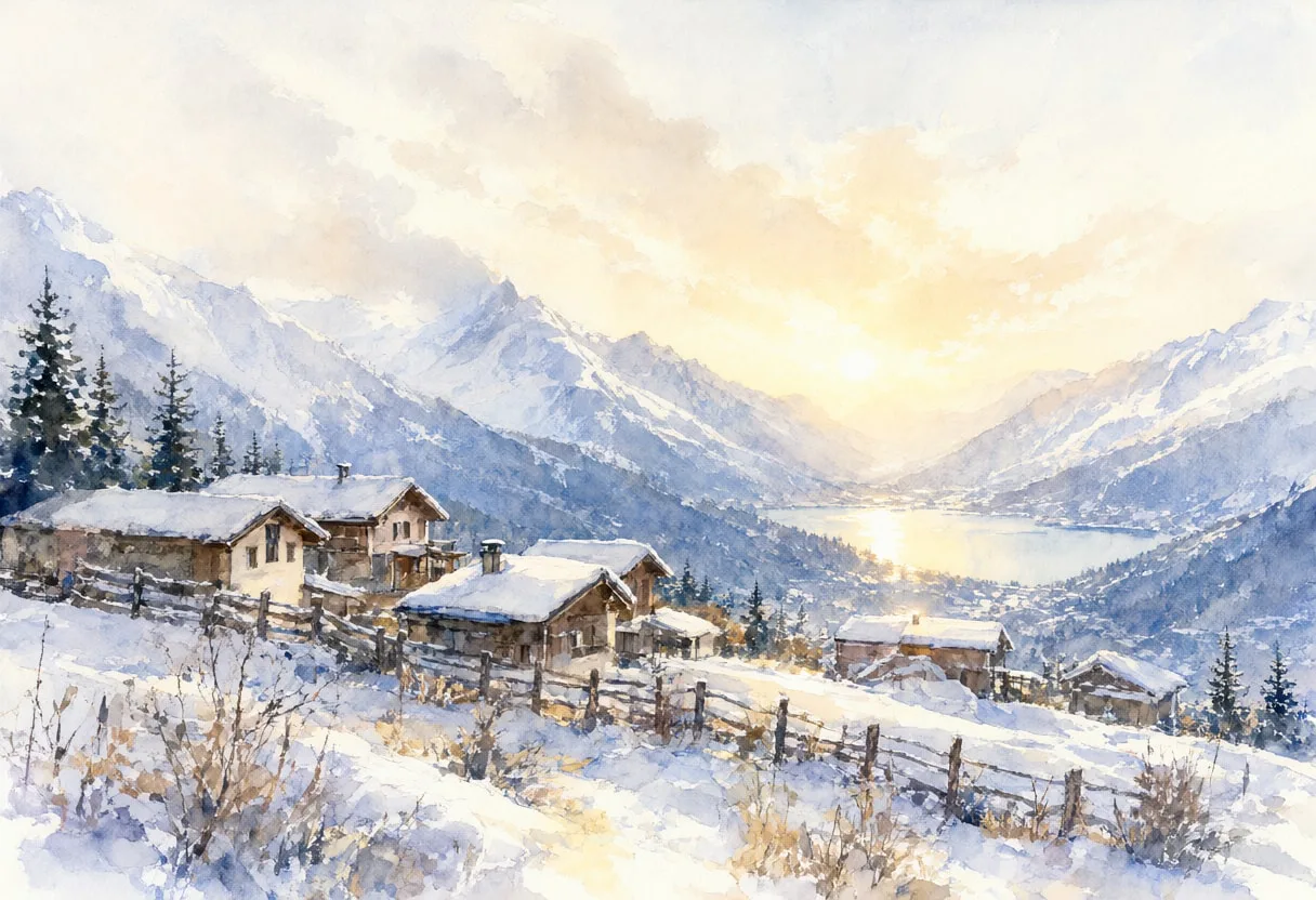 Snowy Mountain Village Seen From A Distance at sunrise Watercolour