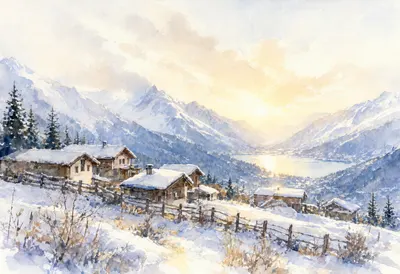 Snowy Mountain Village Seen From A Distance at sunrise Watercolour