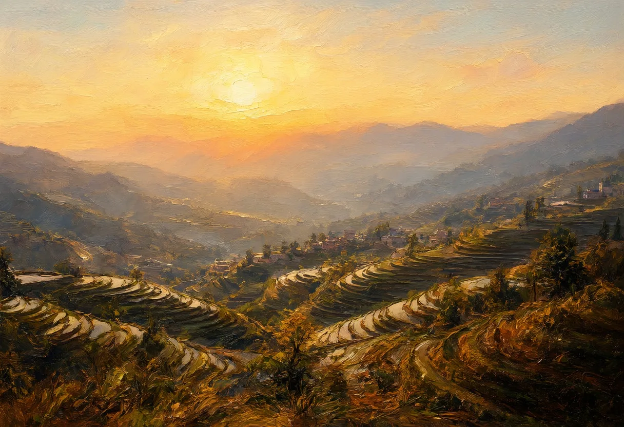Terraced Hills At Sunrise From A Viewpoint Oil Painting