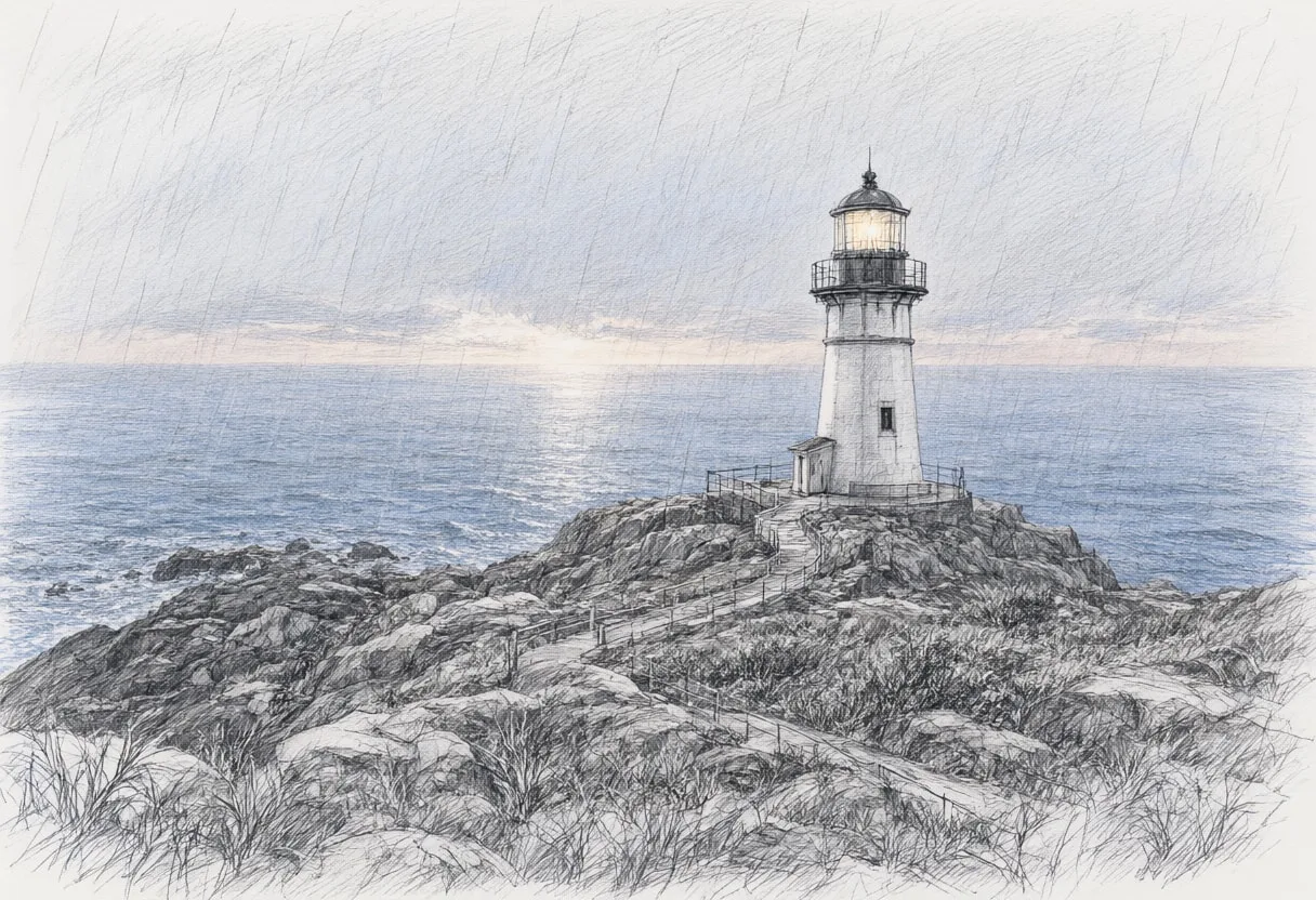 Lighthouse On A Headland At Blue Hour in the rain Pencil Sketch