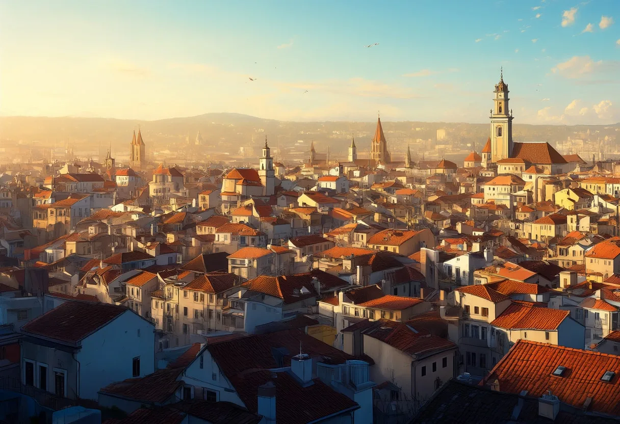 Old Town Rooftops At Golden Hour From Above Digital Illustration