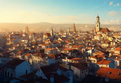 Old Town Rooftops At Golden Hour From Above Digital Illustration