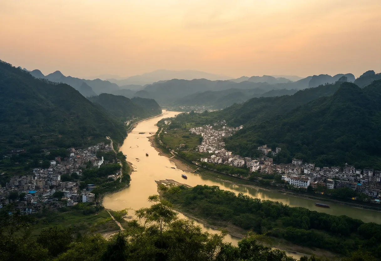 River Winding Through Green Hills From Above in warm evening light