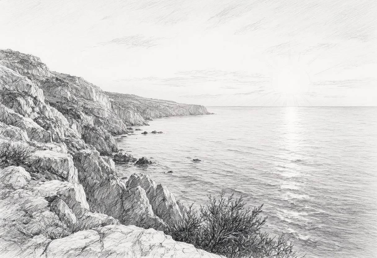 Mediterranean Coastline With Cliffs At Sunset Pencil Sketch