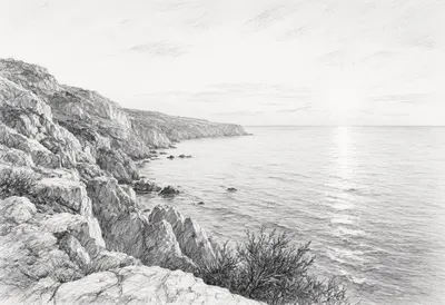 Mediterranean Coastline With Cliffs At Sunset Pencil Sketch