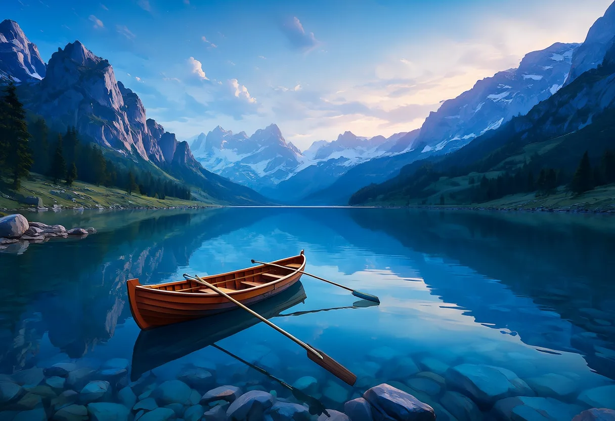 ทะเลสาบอัลไพน์พร้อมเรือไม้ในชั่วโมงสีน้ำเงิน Digital Illusion