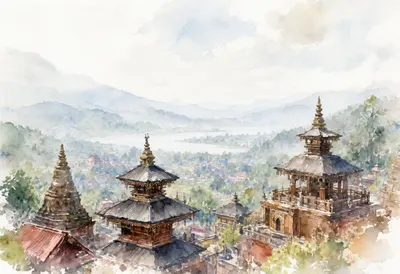 Temple Rooftops Above A Misty Valley Watercolour