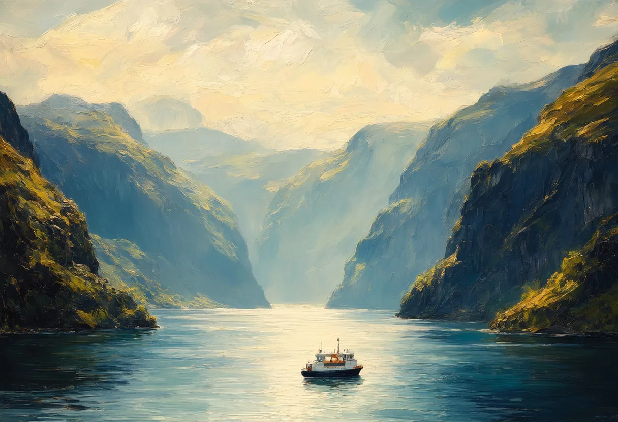 Fjord With A Small Ferry Far Below in soft mist Oil Painting