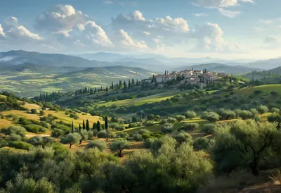 Olive Grove Hills With A Distant Village under a dramatic sky Digital Illustration