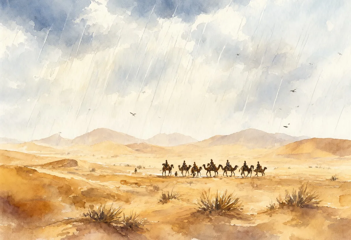 Desert Dunes With A Caravan In Silhouette in the rain Watercolour