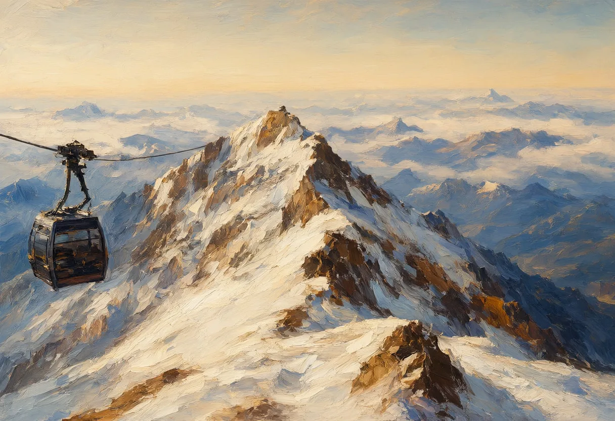 Snow Ridge With A Cable Car Silhouette from above Oil Painting