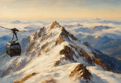 Snow Ridge With A Cable Car Silhouette from above Oil Painting