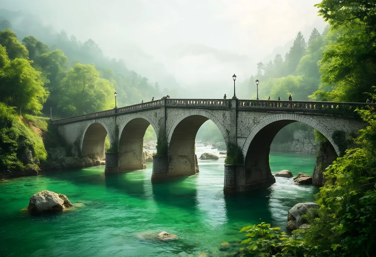 Old Stone Bridge Over A Green River in soft mist Digital Illustration
