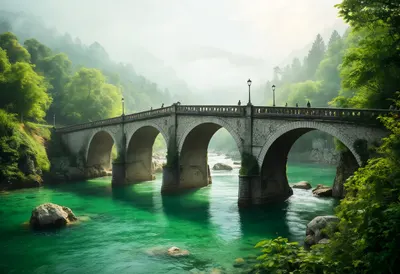 Old Stone Bridge Over A Green River in soft mist Digital Illustration