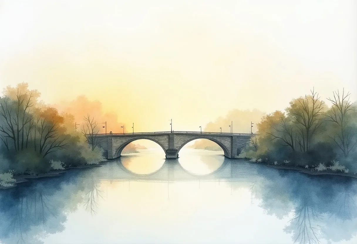 Bridge Over A River At Dawn From A Distance Watercolour