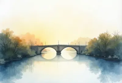 Bridge Over A River At Dawn From A Distance Watercolour